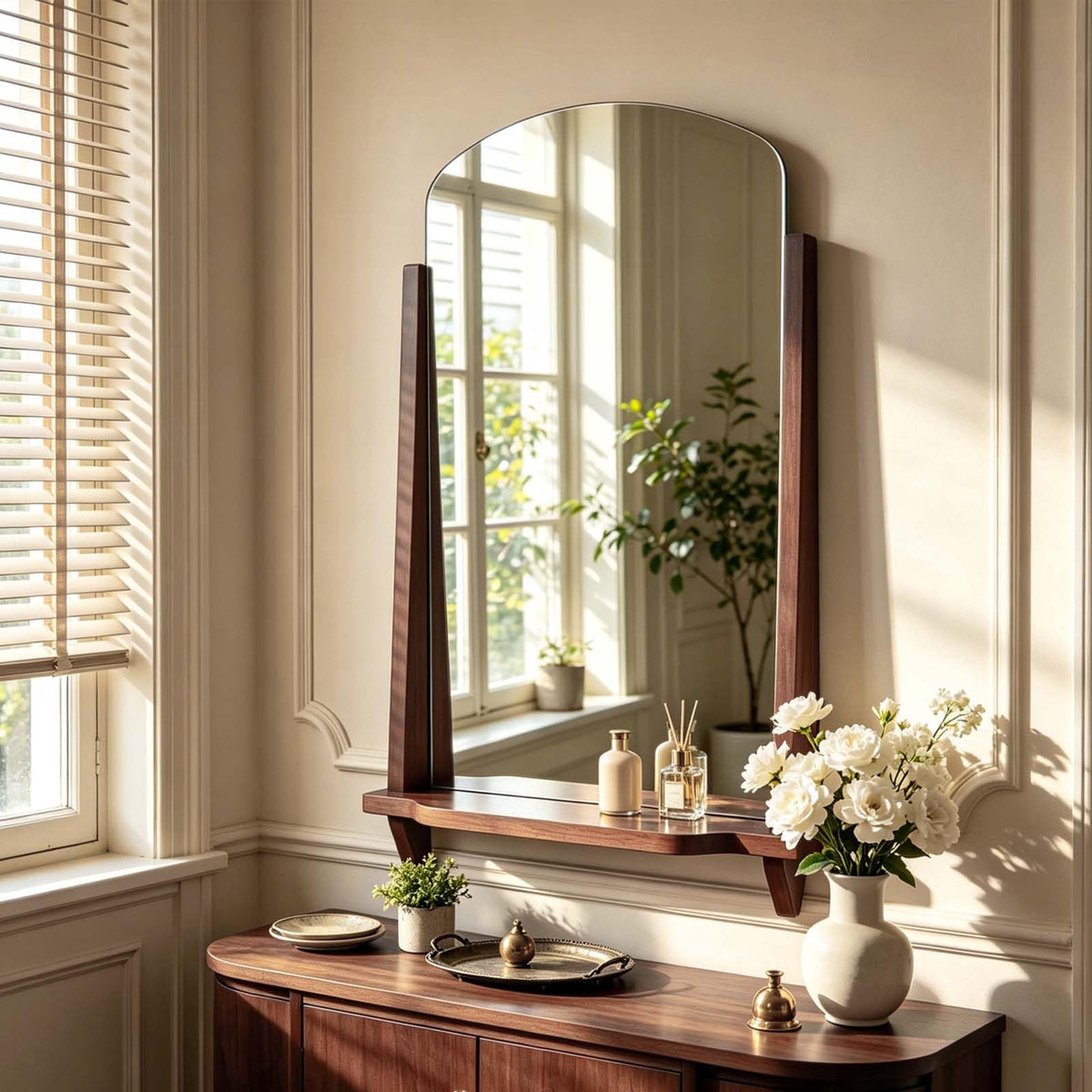 Arched Wall Mirror with Shelf, 24" x 37.4" Solid Wood Frame Bathroom Mirror, Walnut Brown Farmhouse Decorative Mirror