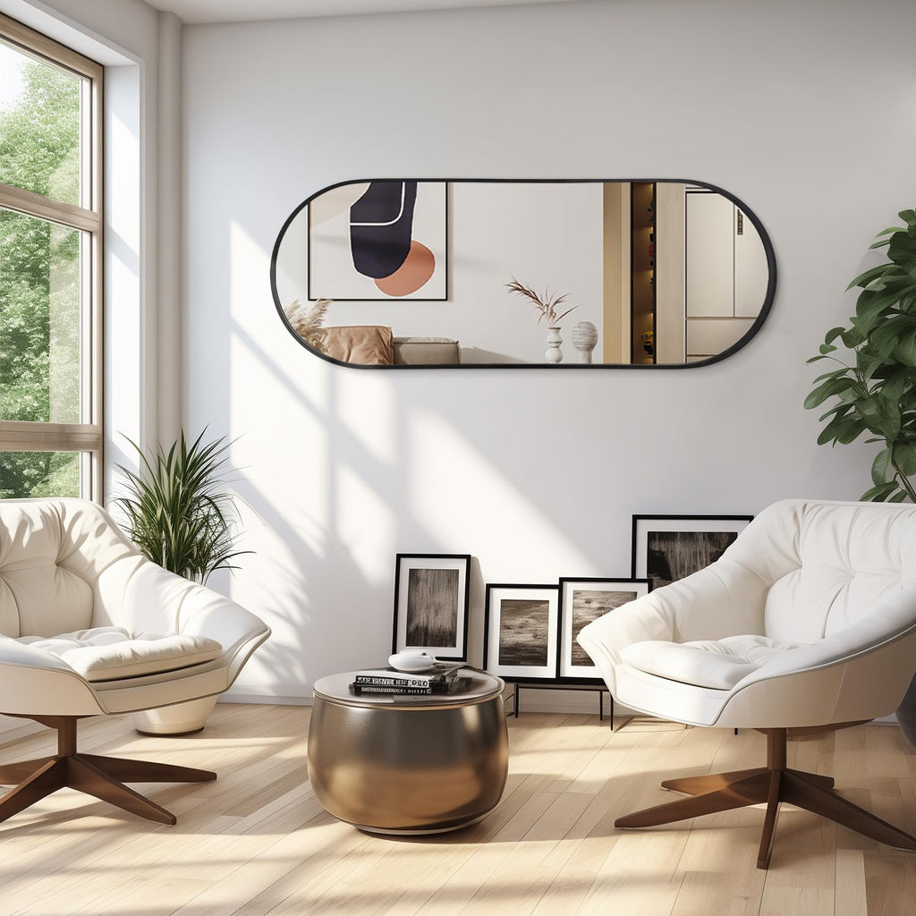 Bathroom Wall Full Length Mirrors for Wall Oval Mirror Black Metal Framed Mirrors 48"X18" Matte Bedroom Vanity