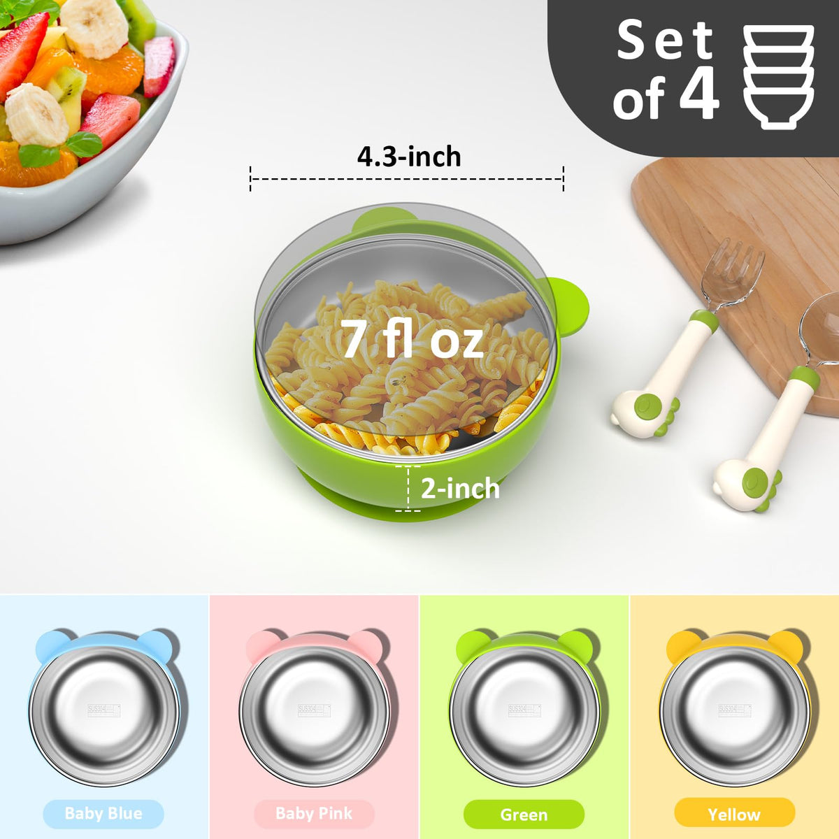 Stainless Steel Baby Bowls with Suction, 2-in-1 SUS304 Toddlers Bowl & Removable Silicone Suction Kids Bowl, Anti