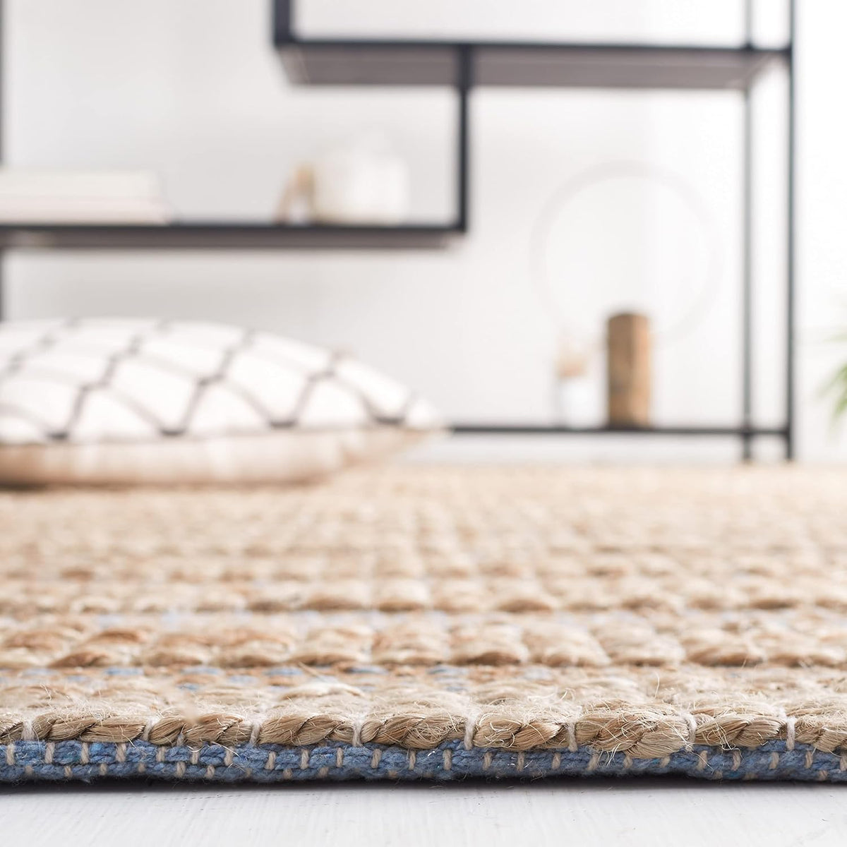 Area Rug - Natural Fiber Collection - Large - Light Blue & Natural, Handmade Jute & Cotton, Boho Farmhouse