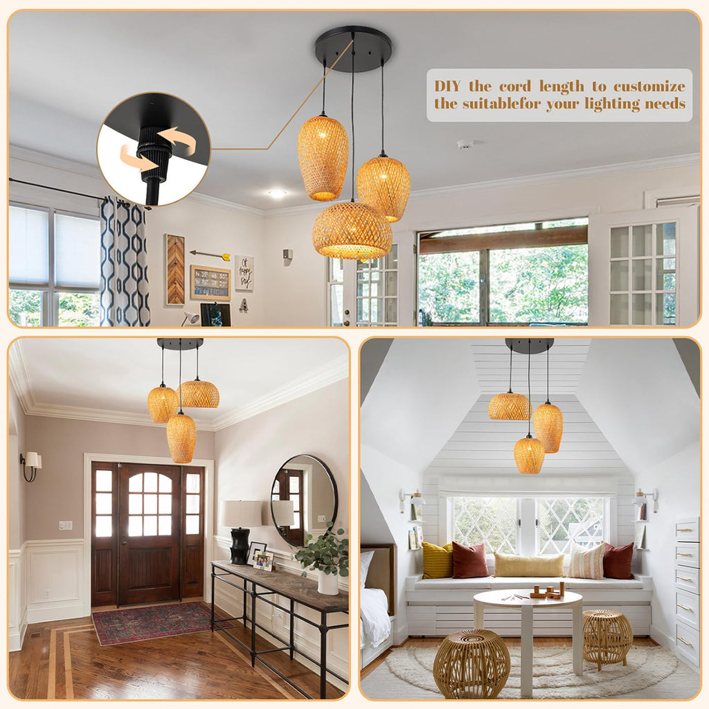 Rattan Pendant Light Bamboo Hanging Light 3-Lights Boho Pendant Light Fixture Woven Basket Wicker Shade Rattan