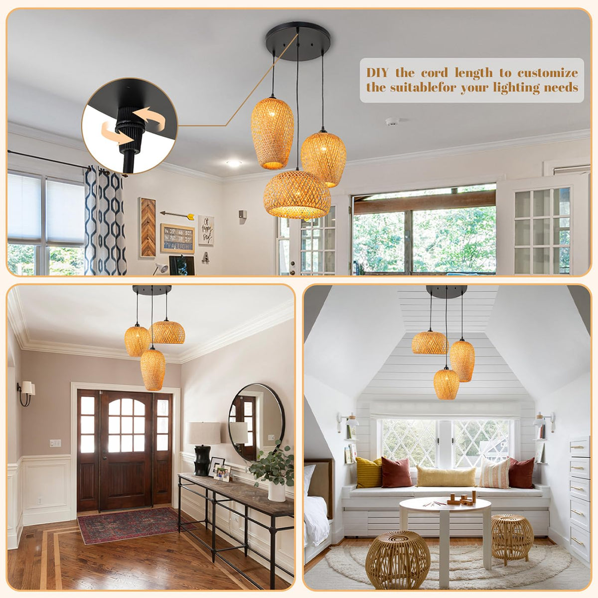 Rattan Pendant Light Bamboo Hanging Light 3-Lights Boho Pendant Light Fixture Woven Basket Wicker Shade Rattan