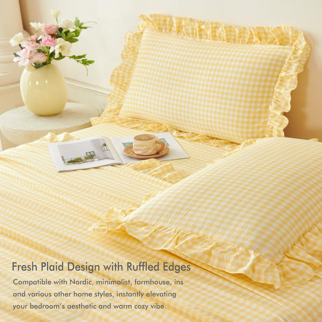 3Pcs Yellow Plaid Ruffled Bed Sheet Set with 1 Pillowcase