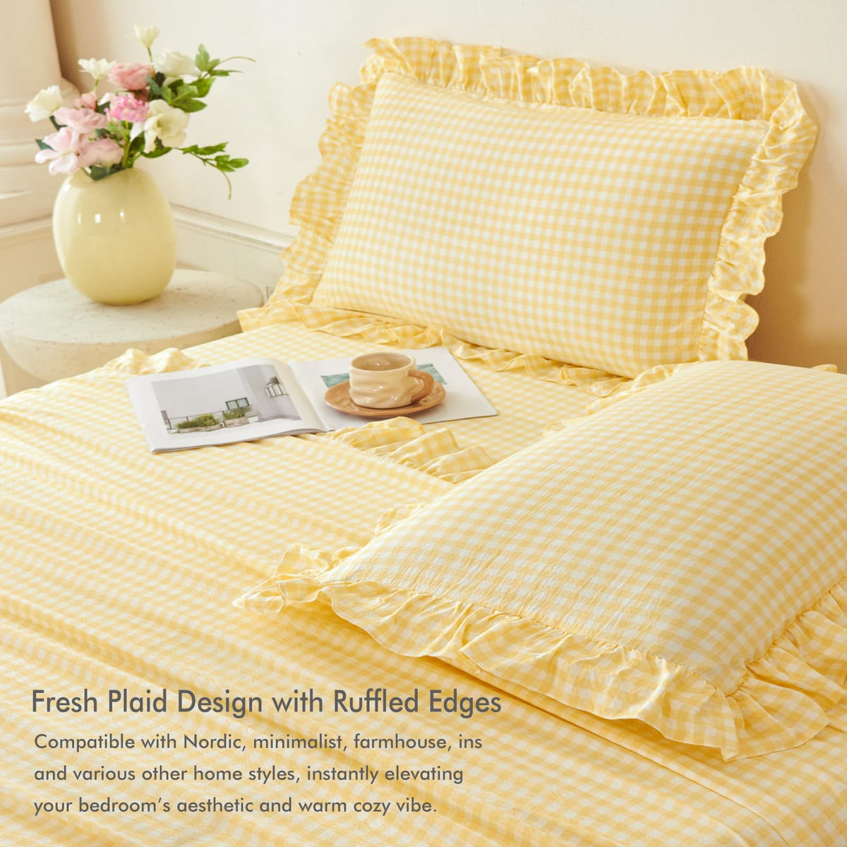 3Pcs Yellow Plaid Ruffled Bed Sheet Set with 1 Pillowcase