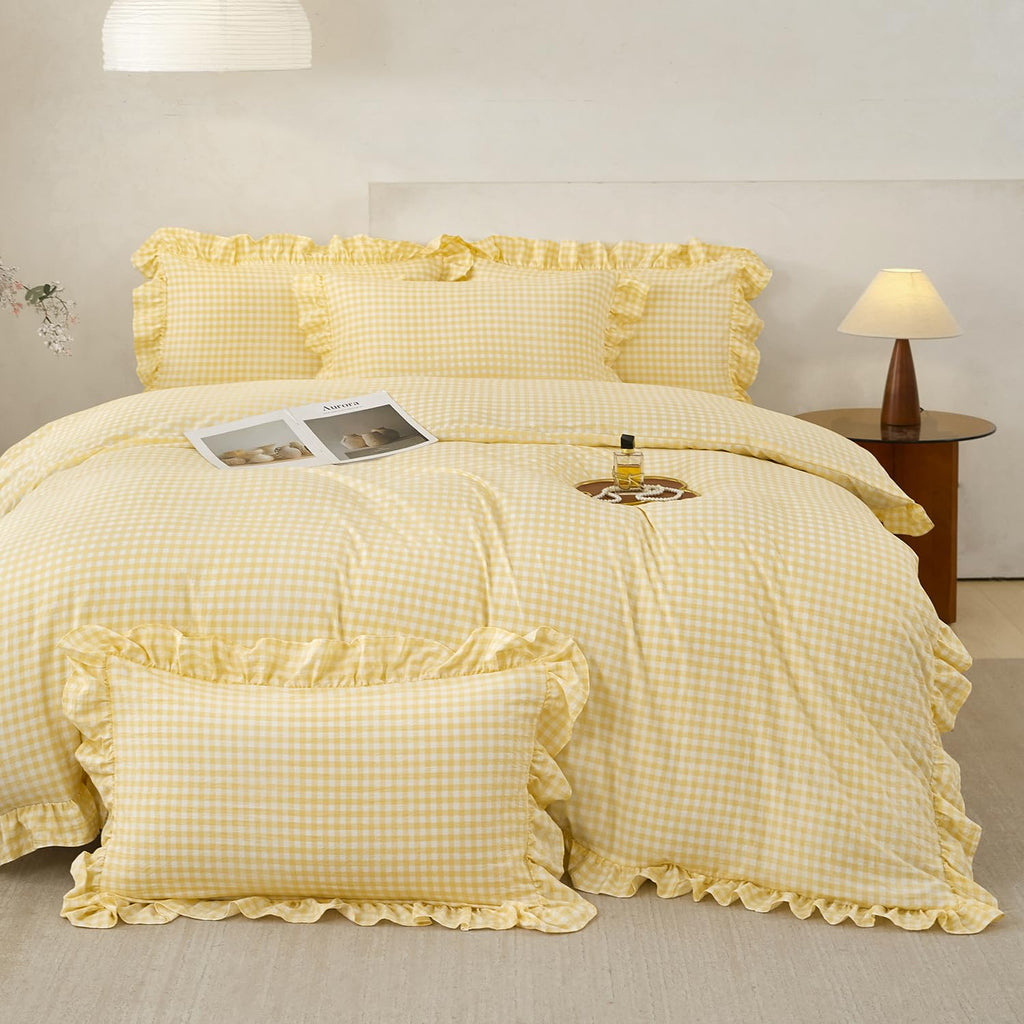 3 Pieces Yellow Plaid Gingham Ruffle Duvet Cover Set