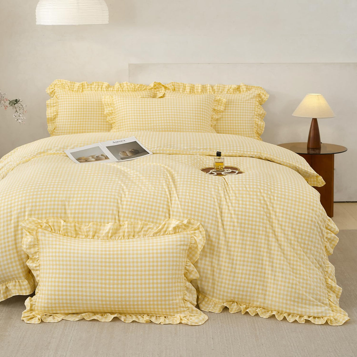3 Pieces Yellow Plaid Gingham Ruffle Duvet Cover Set