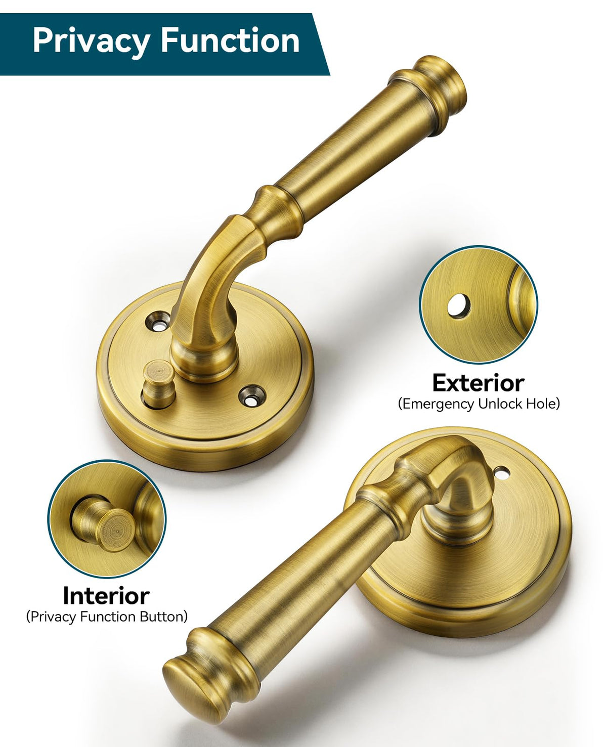 Door Handles Antique Brass Privacy Vintage Door Levers, 6 Pack
