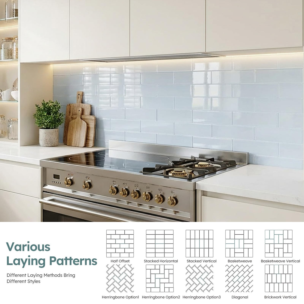 Peel and Stick Glass Subway Tiles, Light Blue, 3x12 Inch, Glass Backsplash Bathroom Wall Tiles, Pack of 20 Pieces