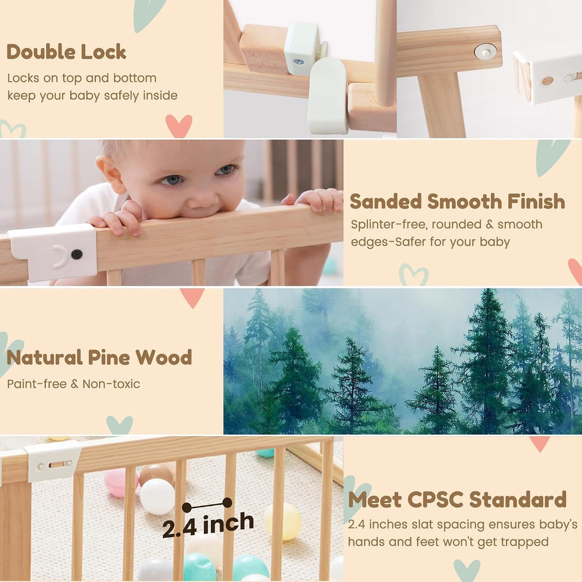 Wooden Baby Playpen Foldable Play Yard with Gate 59"x59" Natural Wood