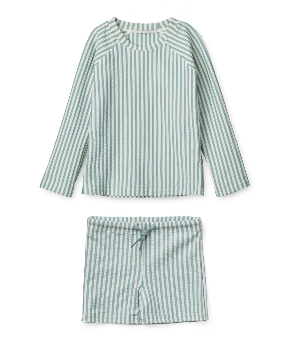 Toddler Boys Two Piece Swimsuit Rash Guard Set Long Sleeve Swim Shirt Swim Trunks& Shorts Blue Seersucker Bathing Suit