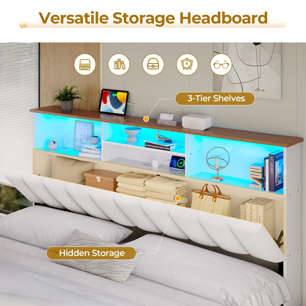 King Size Bed Frame with Bookcase Headboard, Wooden Bed Frame King Size with Charging Station, 4 Storage Drawers and