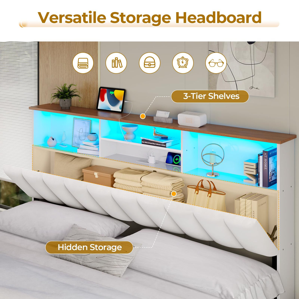 King Size Bed Frame with Bookcase Headboard, Wooden Bed Frame King Size with Charging Station, 4 Storage Drawers and