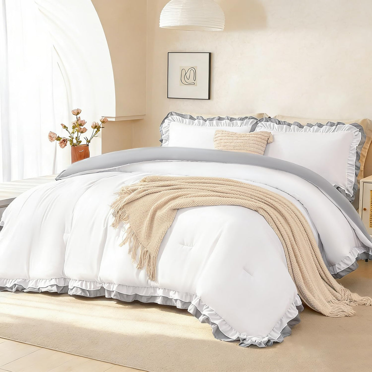 Ruffled Comforter Set White - Double Ruffle White Comforter 5 Piece Vintage Shabby Chic Bedding - Fluffy