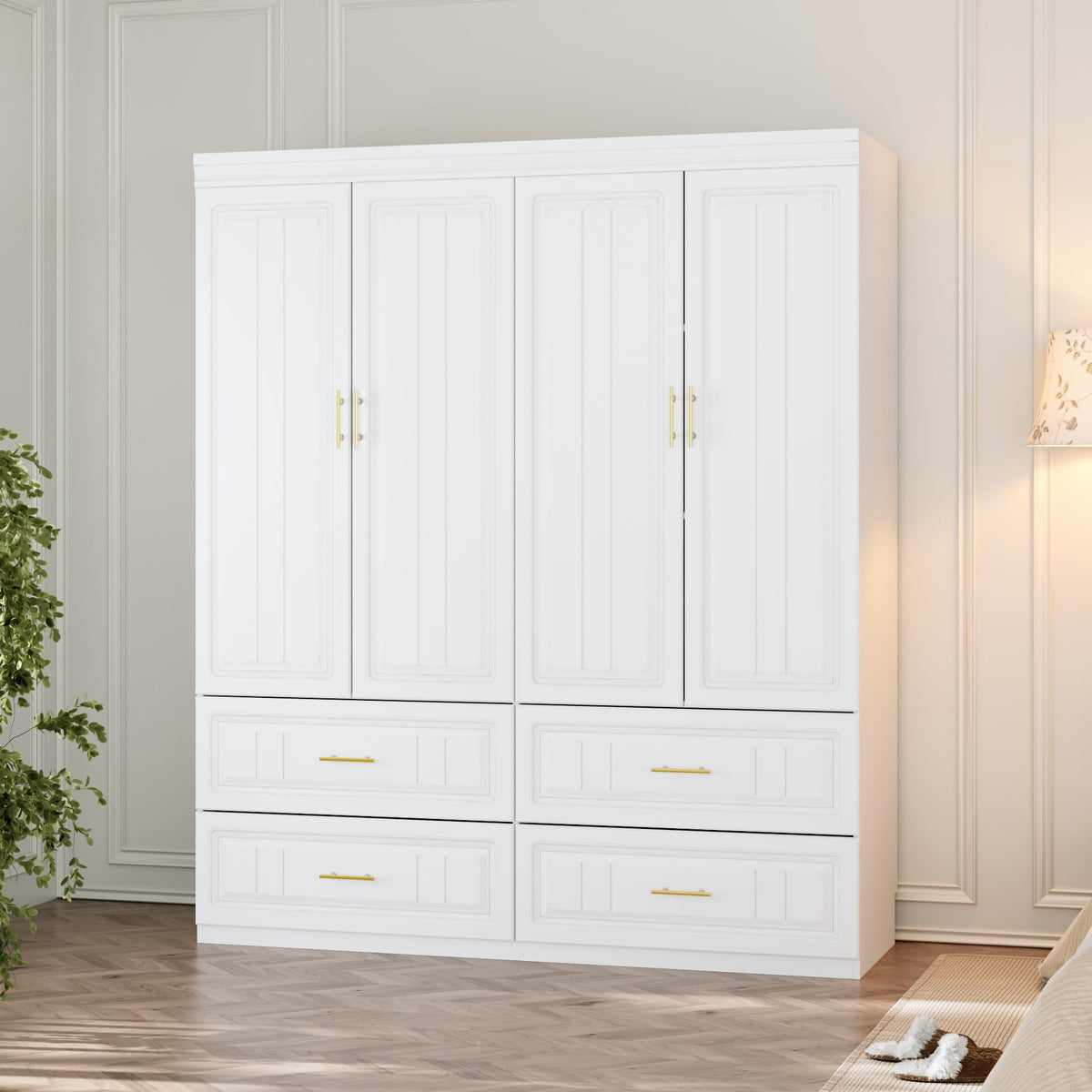 4 Door Wardrobe Closet with 4 Drawers, White Bedroom Armoire