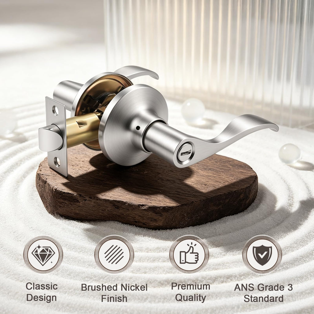 5 Pack Satin Nickel Privacy Door Lever, Modern Interior Door Knobs Locks, Heavy Duty Door Handle, Reversible Wave