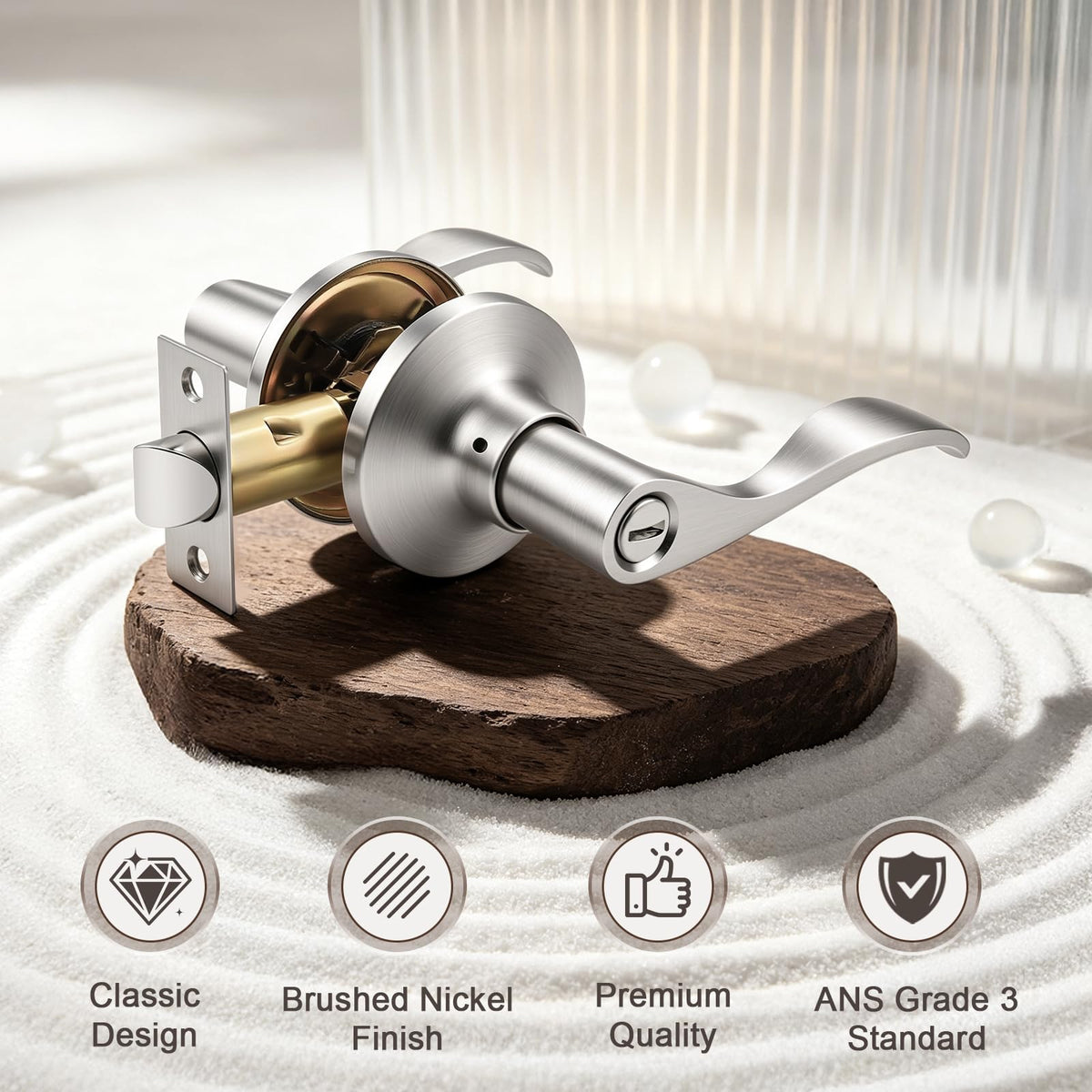 5 Pack Satin Nickel Privacy Door Lever, Modern Interior Door Knobs Locks, Heavy Duty Door Handle, Reversible Wave