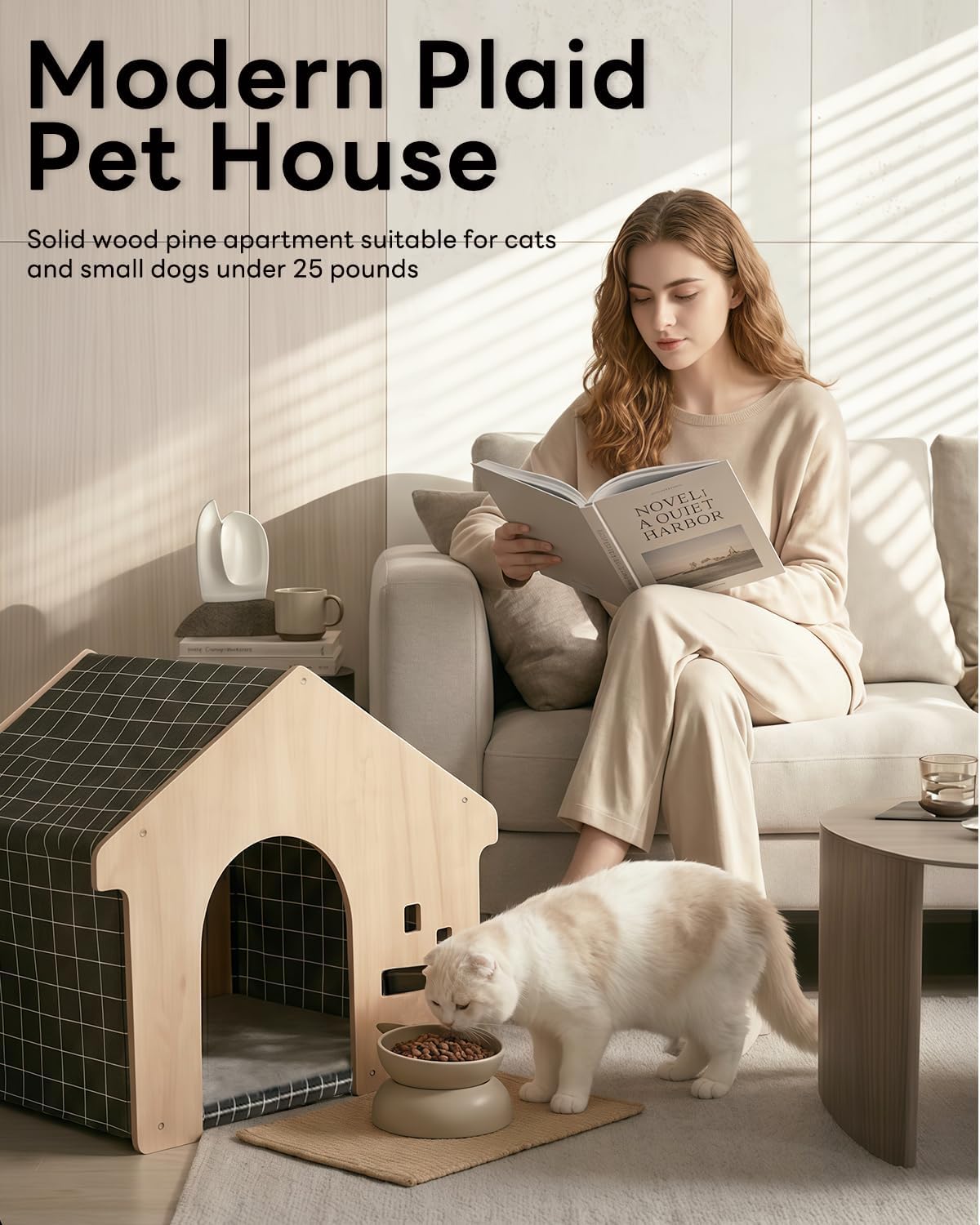 Indoor Dog House with Solid Pine Wood Frame, Furniture Style Cat House & Condos for Small Medium Dogs Cats Up to