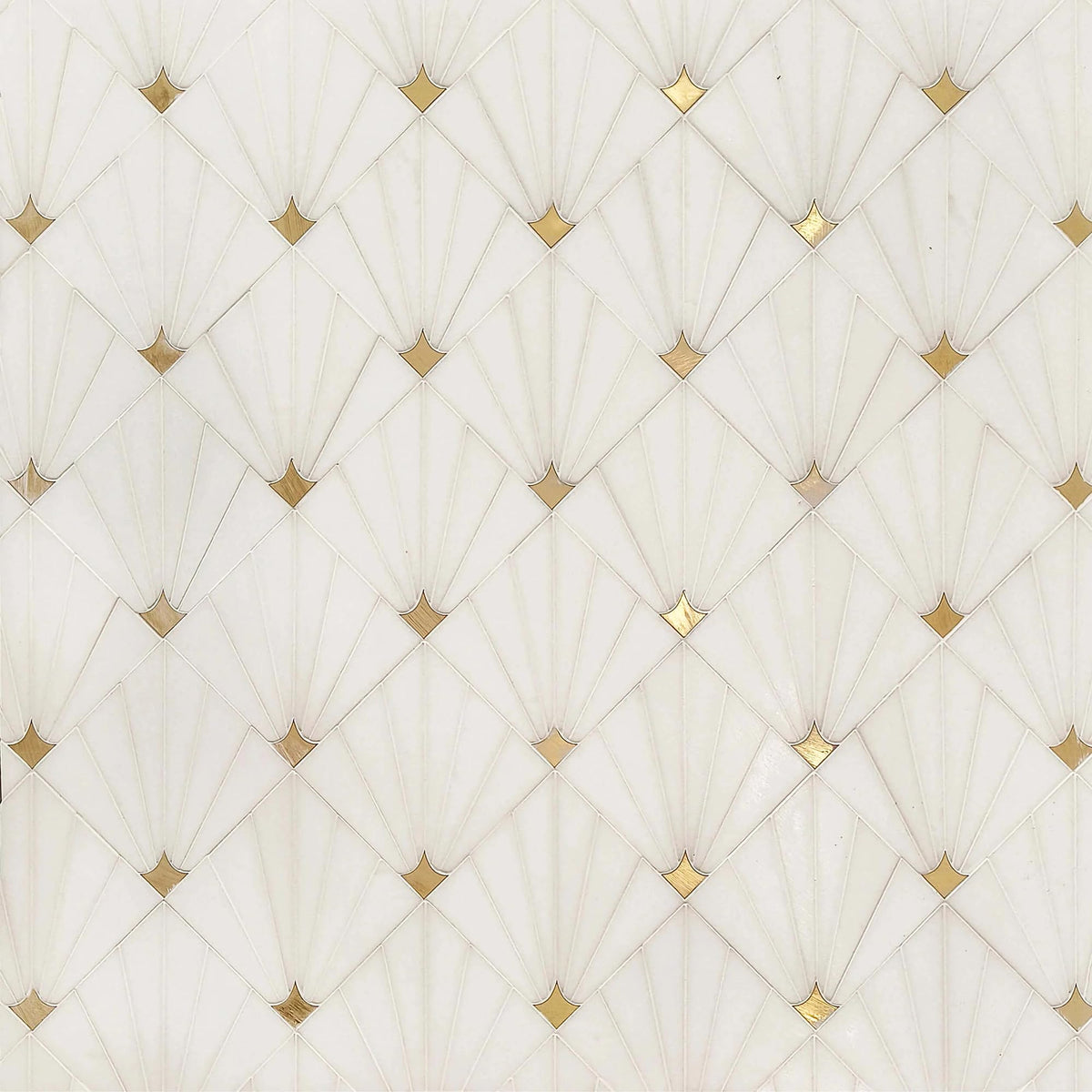 Marble Mosaic Tile Shower and Bathroom Walls, Thassos Marble with Brass Accent, Waterjet Backsplash Tile, 11" × 11"