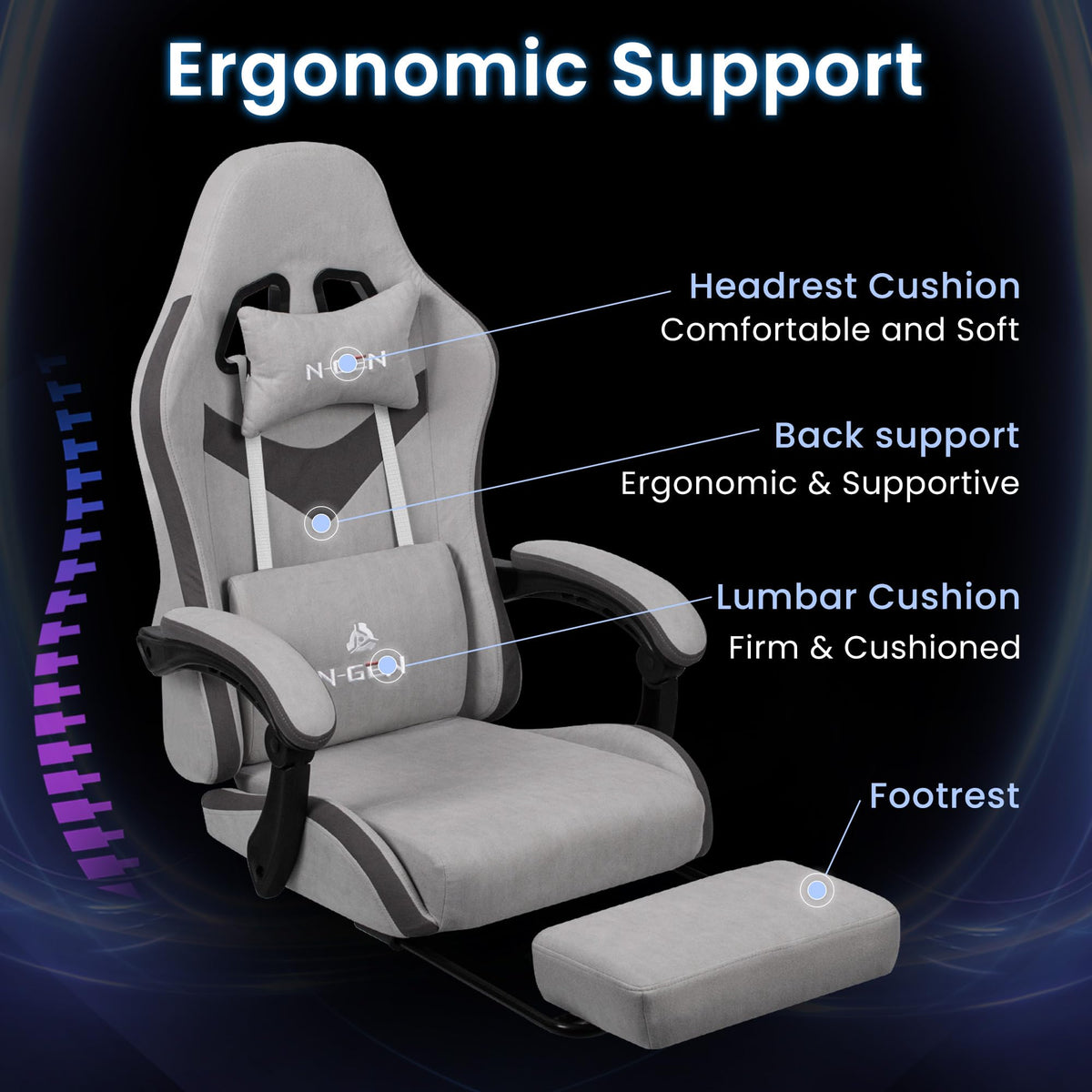 Gaming Chair, Lumbar Support with Breathable Fabric, Grey