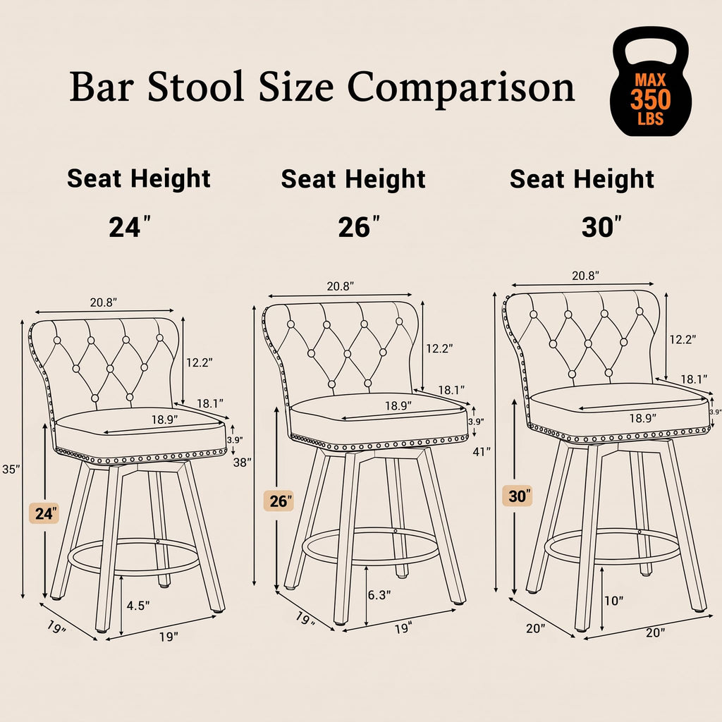 Counter Height Bar Stools Set of 2, 26" Mid-Century Swivel Bar Stool with Metal Base Island, Rivet Armless Faux PU