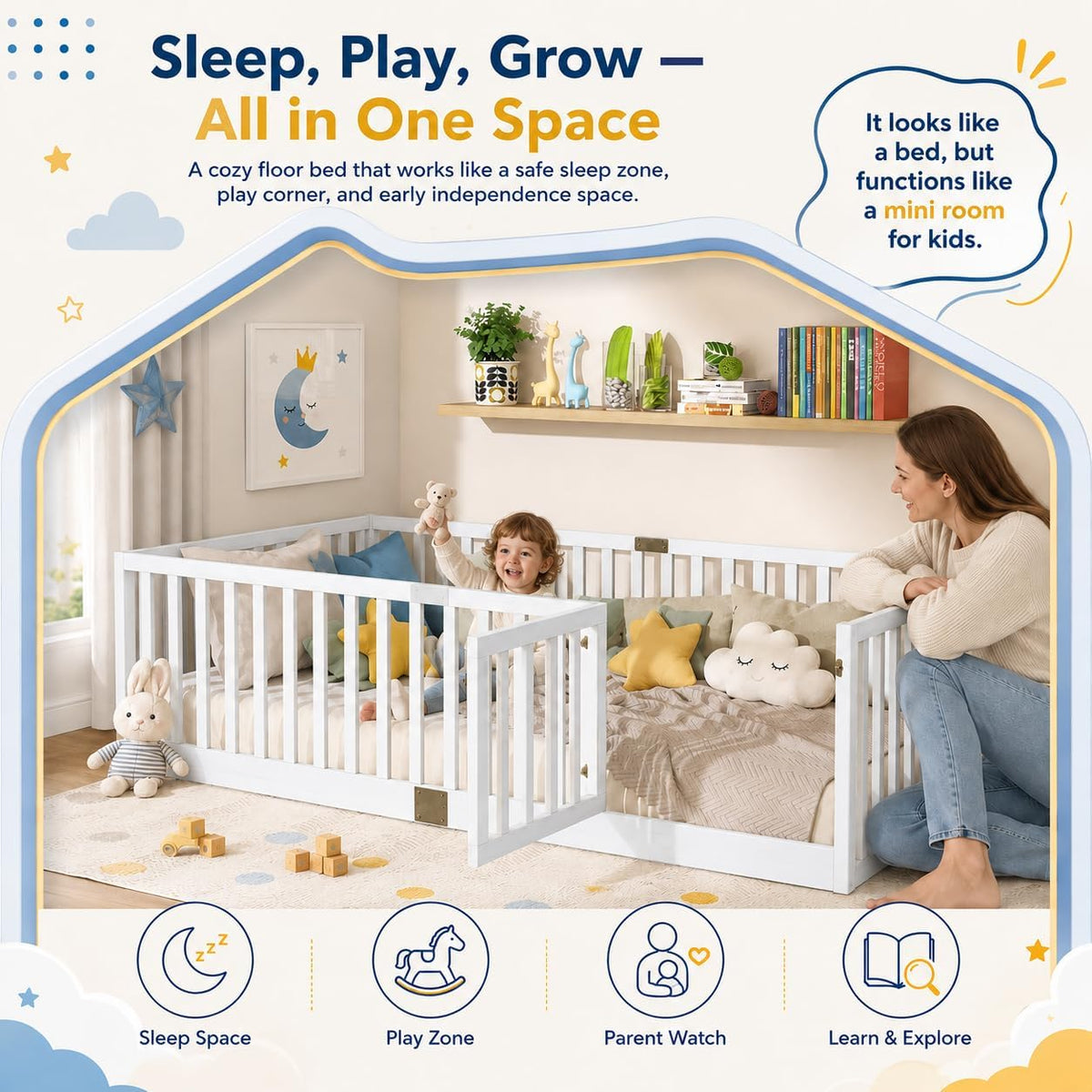 Montessori Floor Bed with High Safety Fence, Solid Rubber Wood Kids Floor Bed Frame with Guardrails and 6