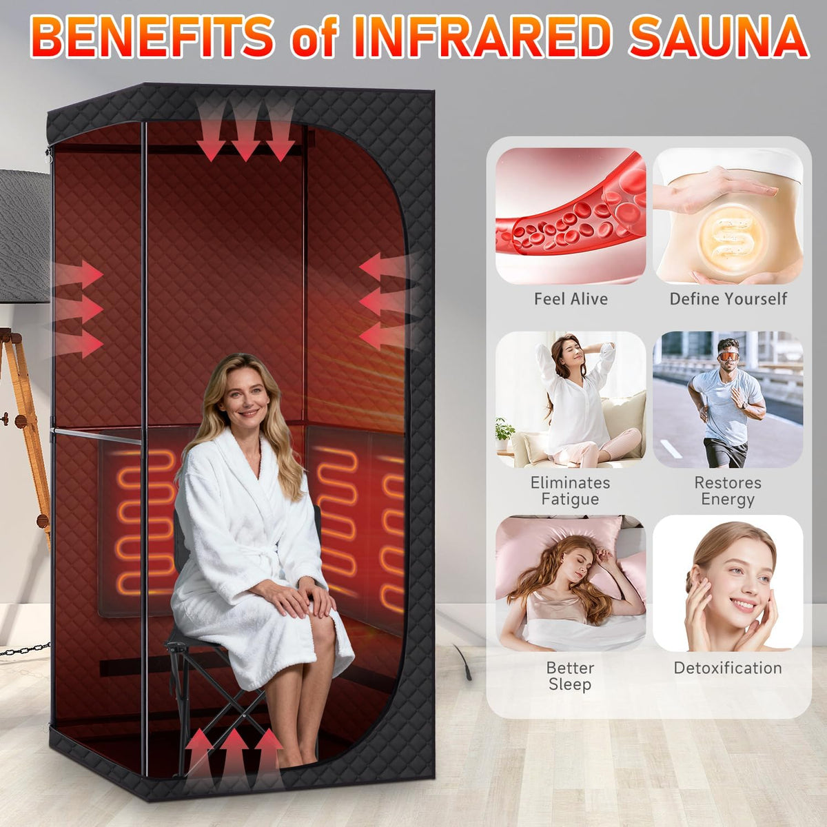 Sauna Box for Detoxification and Relaxation, Portable Far Infrared Sauna Tent with Red Light Therapy and Folding Chair