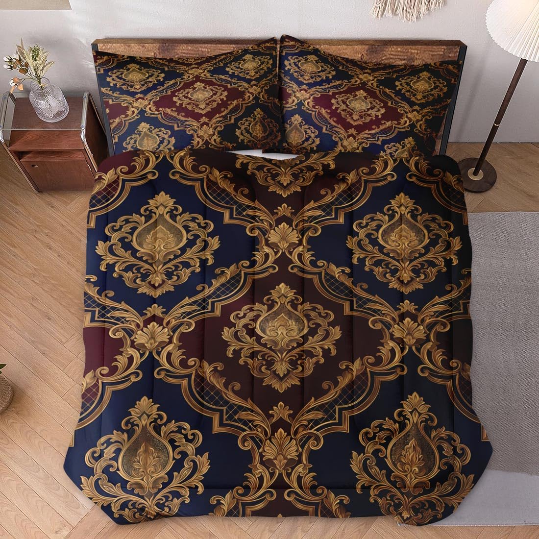 Full Comforter Set, 3 Pieces Vintage Gold Bedding Set