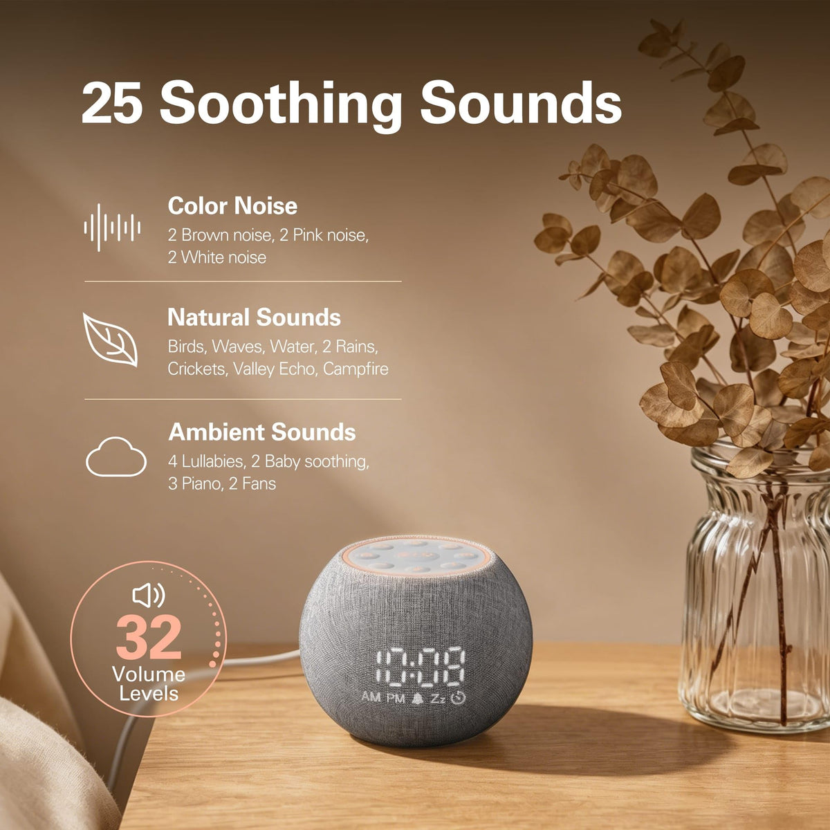 Alarm Clocks with Sound Machine, White Noise Machine 25 for Light Sleepers, 7 Gentle Alarms for Wake Up, 0-100%
