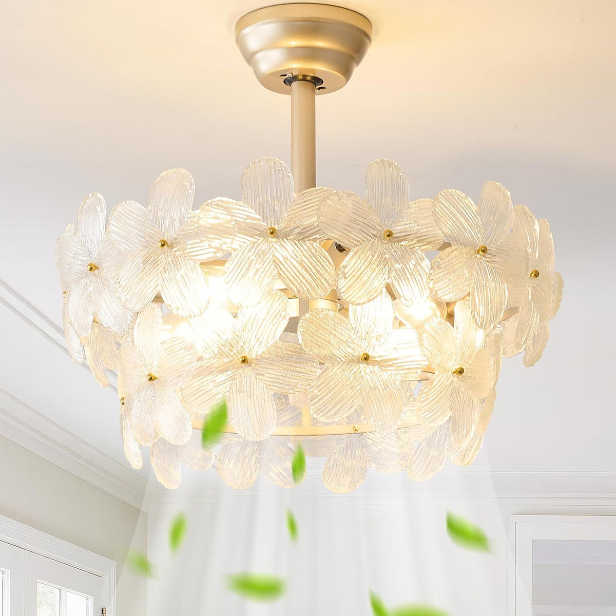 20" Gold Crystal Fandelier Ceiling Fans with Lights, Gold Flower Chandelier Ceiling Fan with Light Remote Control