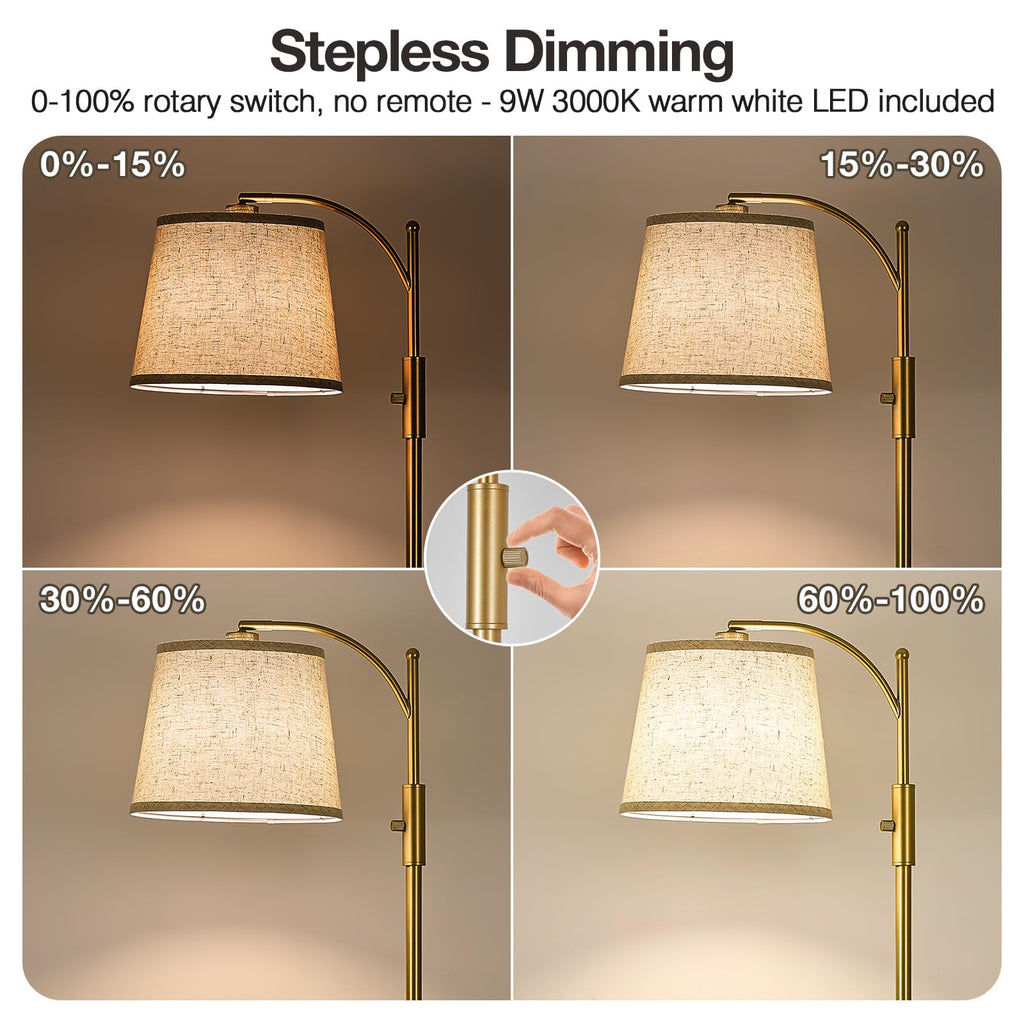 Golden Floor Lamp with Table, Dimmable Standing Lamp, Living Room