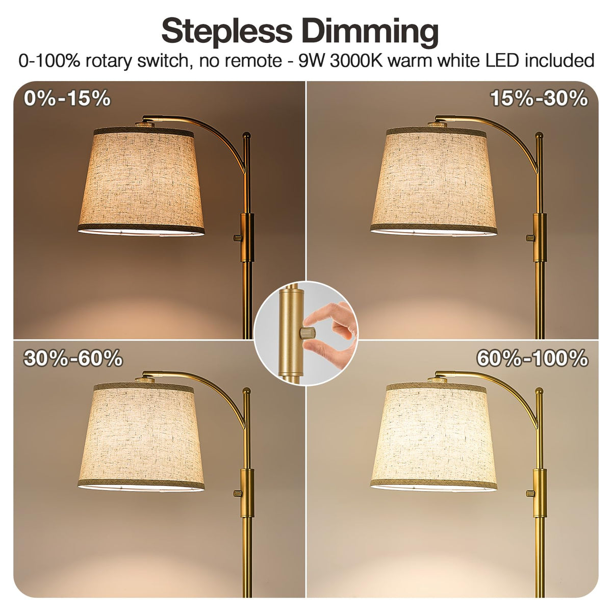 Golden Floor Lamp with Table, Dimmable Standing Lamp, Living Room