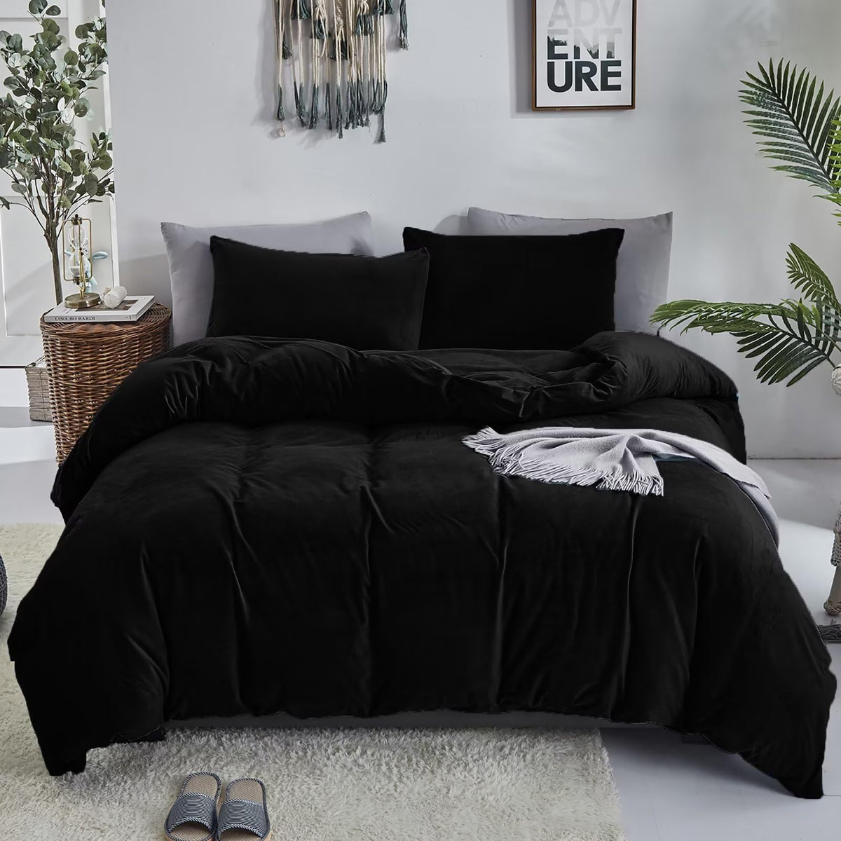 Black Velvet Comforter Set Plush Fluffy Black Flannel Bedding Set Bedding Set Heavyweight Blanket Quilts Modern