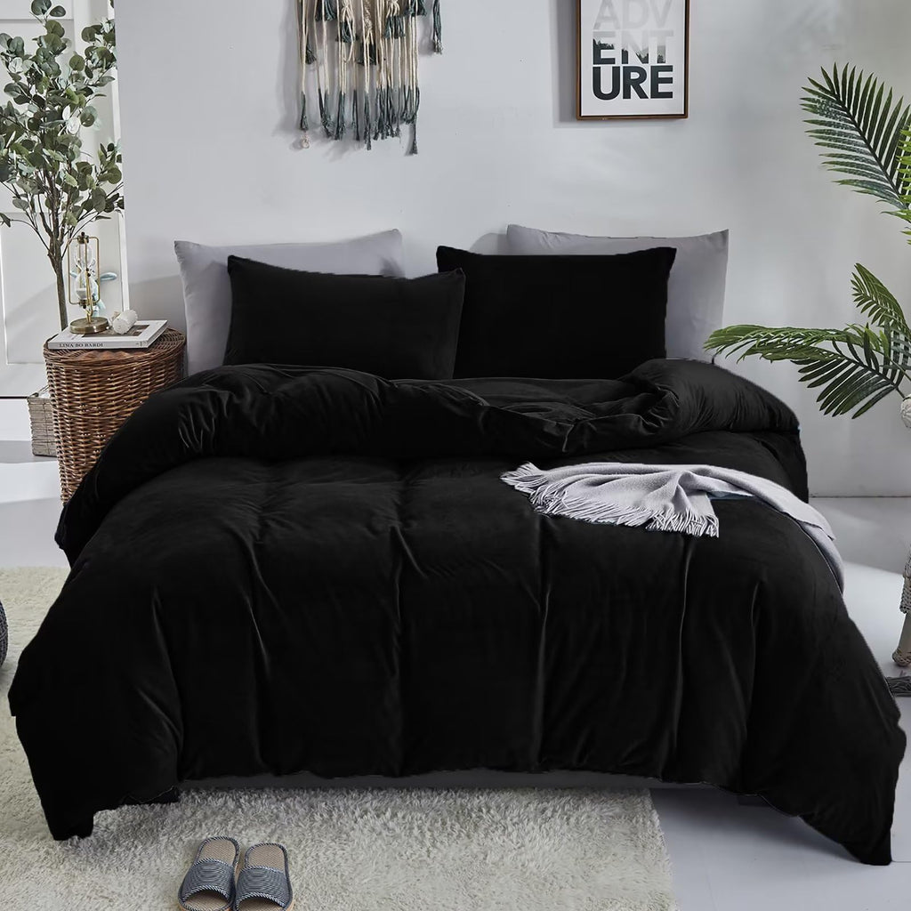 Black Velvet Comforter Set Plush Fluffy Black Flannel Bedding Set Bedding Set Heavyweight Blanket Quilts Modern