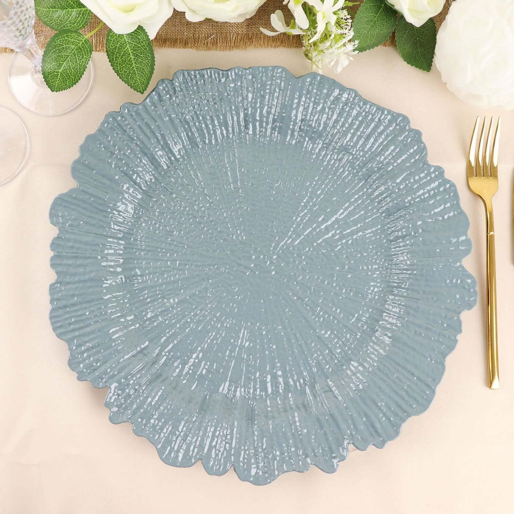 12-Pack 13" Dusty Blue Reef Charger Plates; Bulk Set Scalloped Sunburst Underplates for Large Scale Coastal Weddings