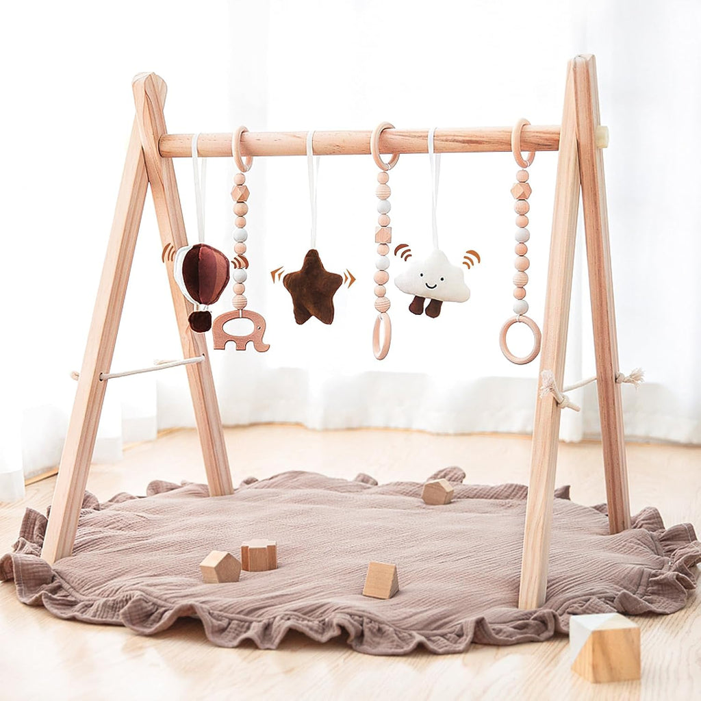 Wooden Baby Play Gym Play Mat Foldable with 6 Hanging Toys for Shower Gift