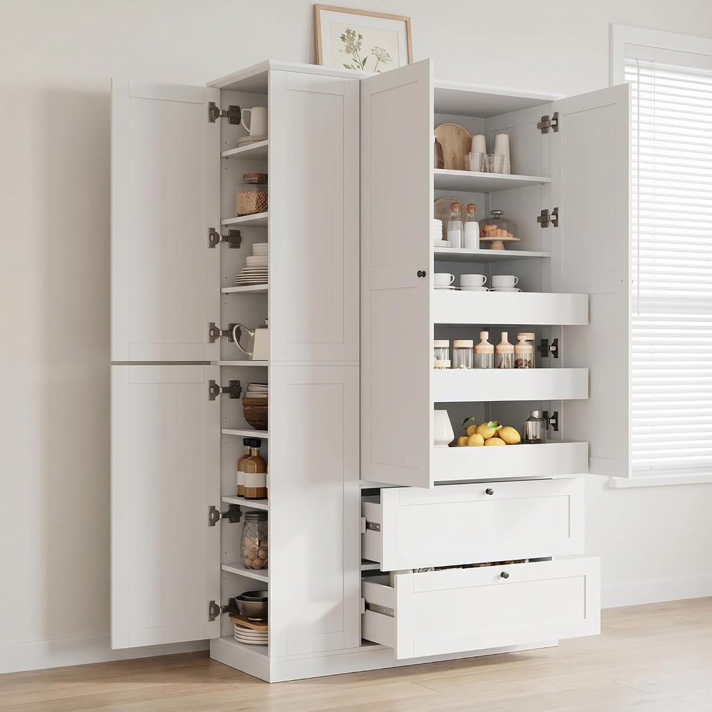 73.6" Tall Farmhouse Kitchen Pantry Cabinet with 7 Shelves, 2 Drawers, 3 Pull-Out Trays, 6 Doors and Side Cabinets