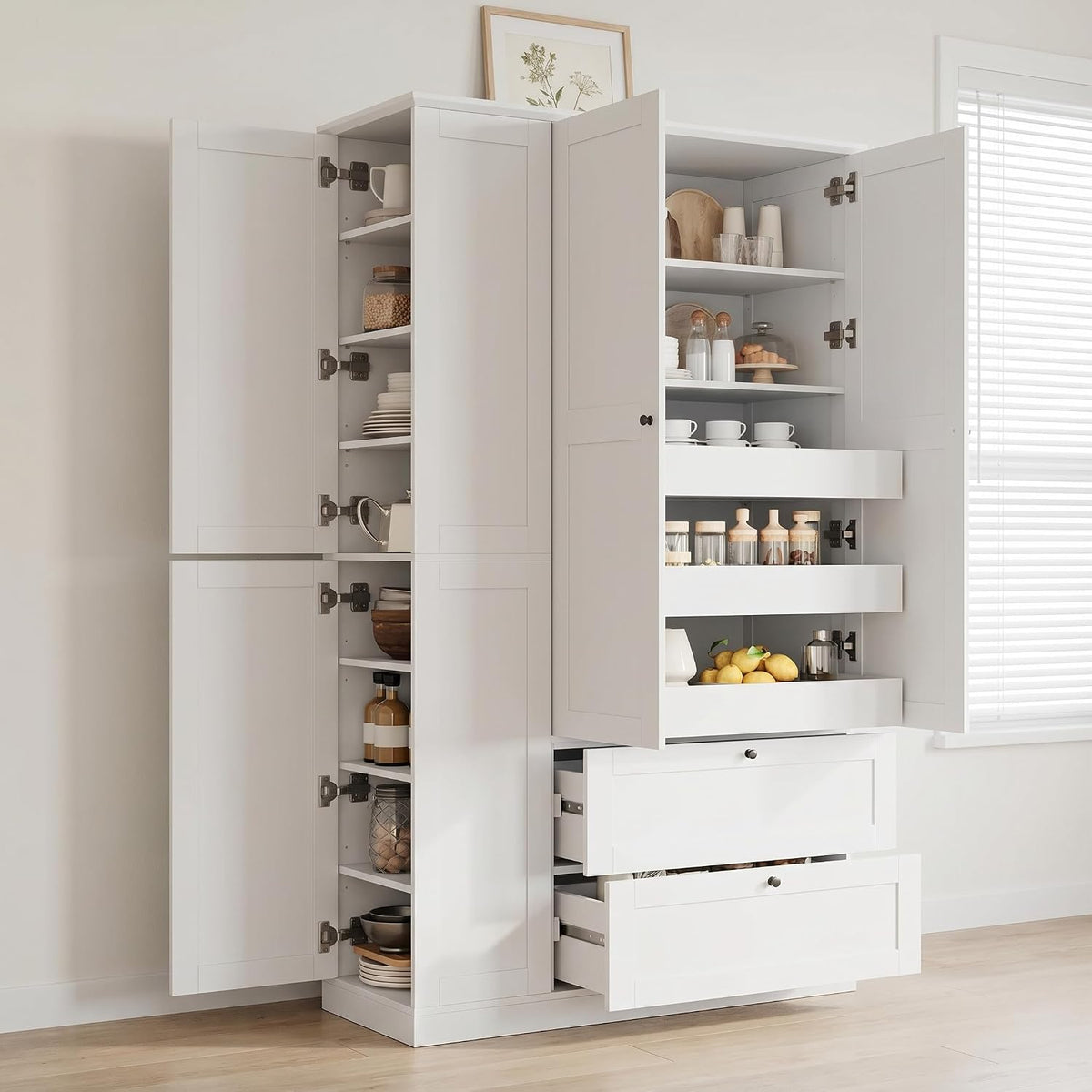 73.6" Tall Farmhouse Kitchen Pantry Cabinet with 7 Shelves, 2 Drawers, 3 Pull-Out Trays, 6 Doors and Side Cabinets
