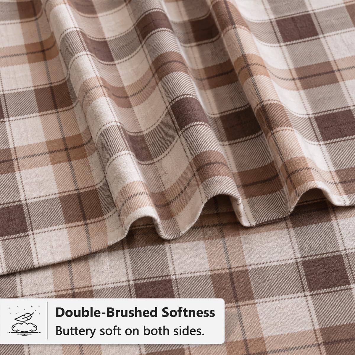 100% Cotton Flannel Sheets, 4 PCs, Beige & Grey Plaid