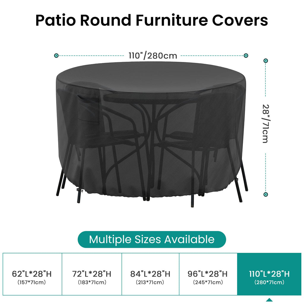 Round Patio Furniture Cover, Waterproof Outdoor Table Covers, Windproof Heavy Duty Patio Furniture Cover for Outdoor