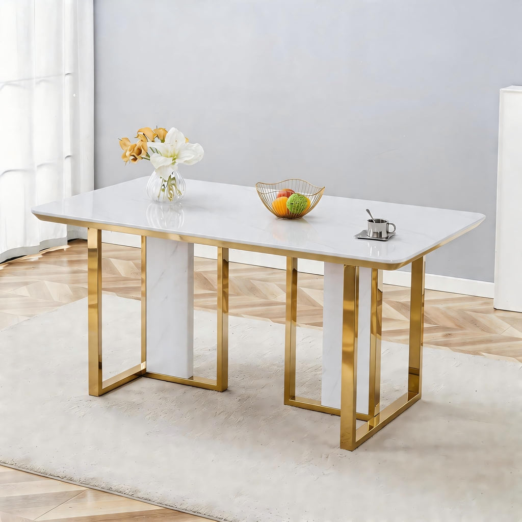 79" White Gold Marble Dining Table for 8-10