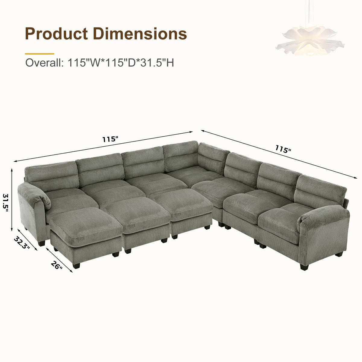 115" Modular Sectional Sofa Couch with 3 Movable Ottoman, Oversized Corduroy L Shaped Couches with Rolled Arms