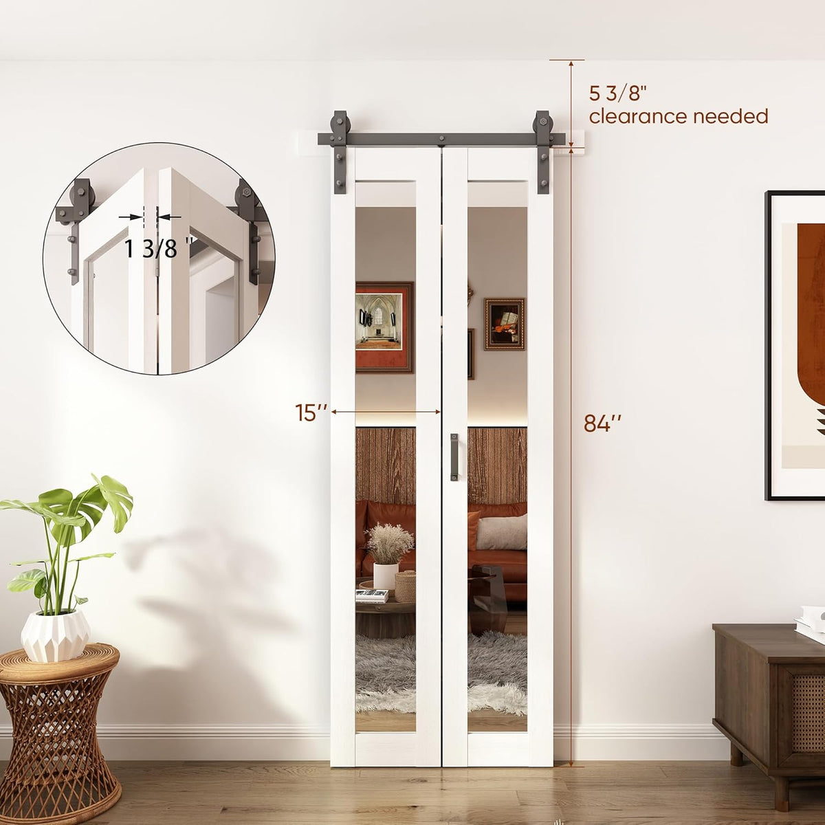 Bifold Barn Doors Mirror Closet Door, Bi fold Sliding Barn Doors with Hardware Include, Shatterproof Mirror Door