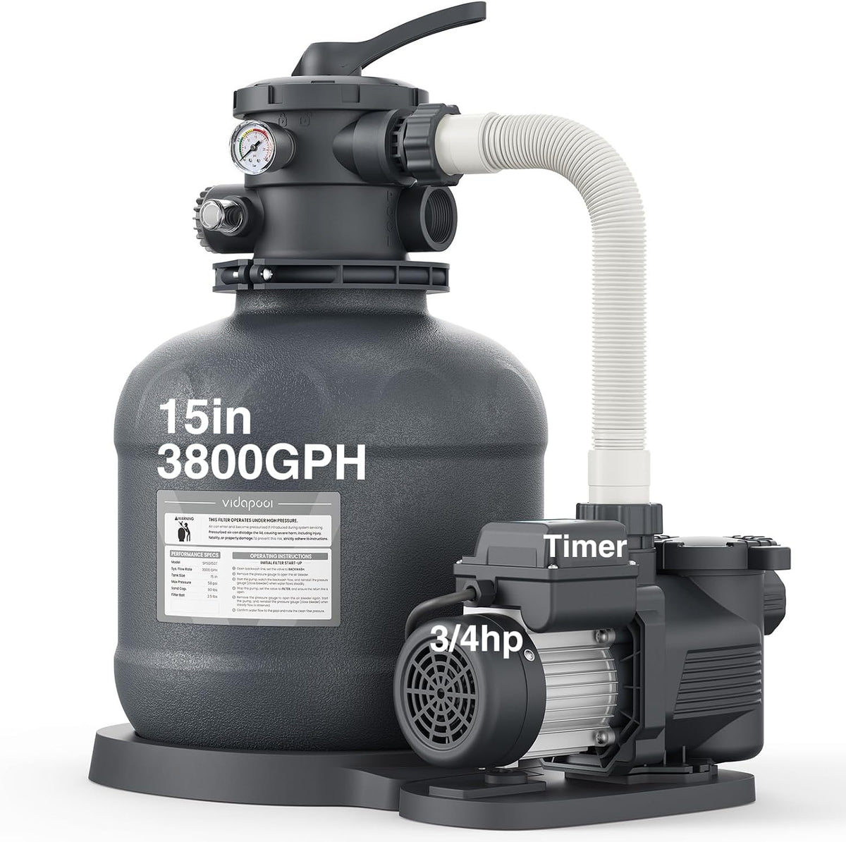 15" Sand Filter Pump for Above Ground Pool with Timer | 3/4HP 3800GPH Pool Pumps Above Ground for Pools Up to 15,000