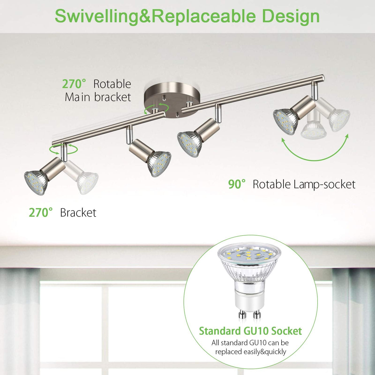 LED 4 Light Track Lighting Kit, 24.8'' Matt Nickel 4 Way Ceiling Spot Lighting, Flexibly Rotatable Head, Modern Track