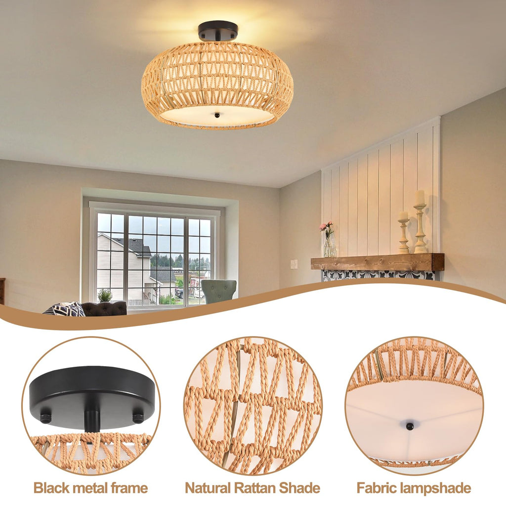 Boho Flush Mount Ceiling Light Fixture 15.8", Boho Chandelier Light Fixture Hand Woven Wicker Ceiling Light Flush