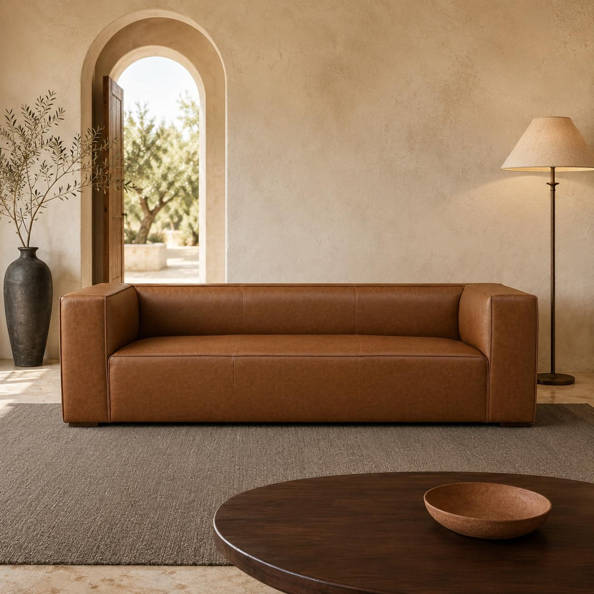 90.94-Inch Cognac Tan Faux Leather Sofa, Modern 3-Seater Couch