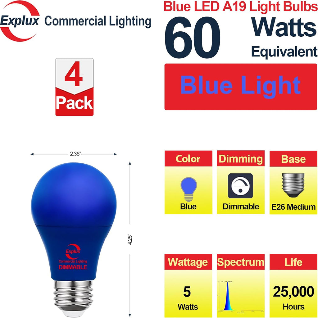 Dimmable A19 Blue Light Bulb, Blue LED Chip, 60W Equivalent