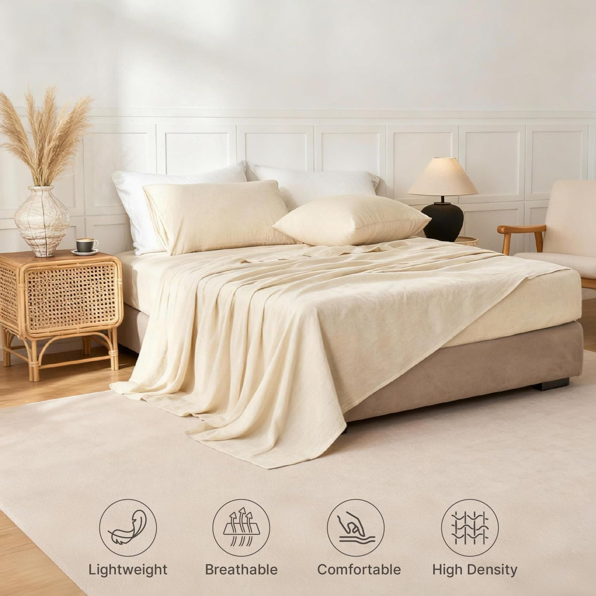Sheets, Cotton Linen Bed Sheets, Breathable, Durable Bed Sets 18" Deep Pocket(Natural Linen)