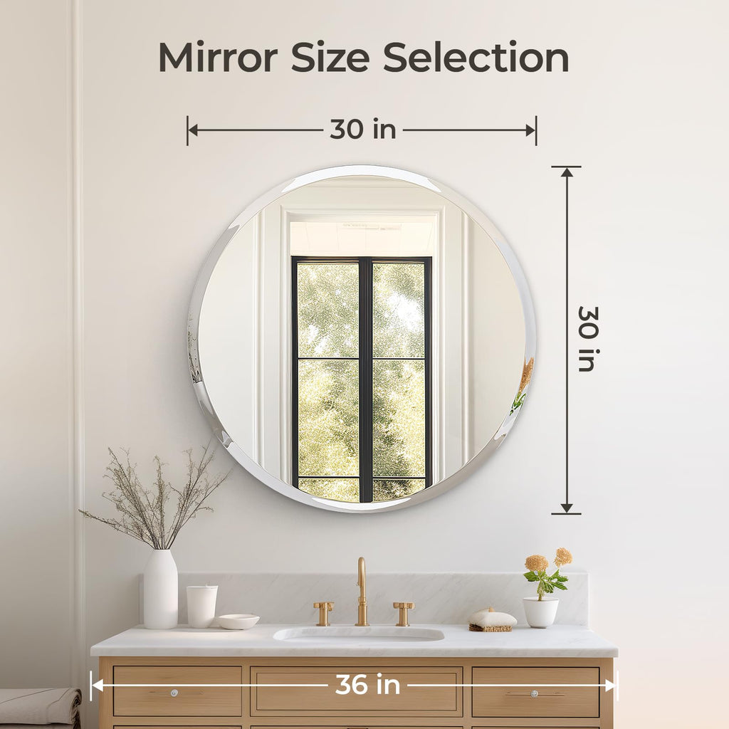 30" Round Frameless Wall Mirror with Beveled Edge
