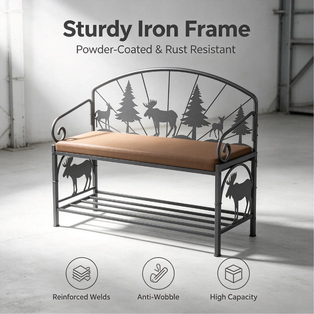 Metal Entryway Storage Bench with Cushion, Rustic Country Style